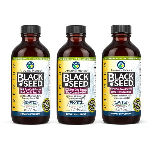 [BRSWGBQKBEBQE2T5] Amazing Herbs Premium Black Seed Oil - Gluten Free, Non GMO, Cold Pressed Nigella Sativa Aids in Digestive Health, Immune Support, Brain Function - 4 Fl Oz (Pack of 3)