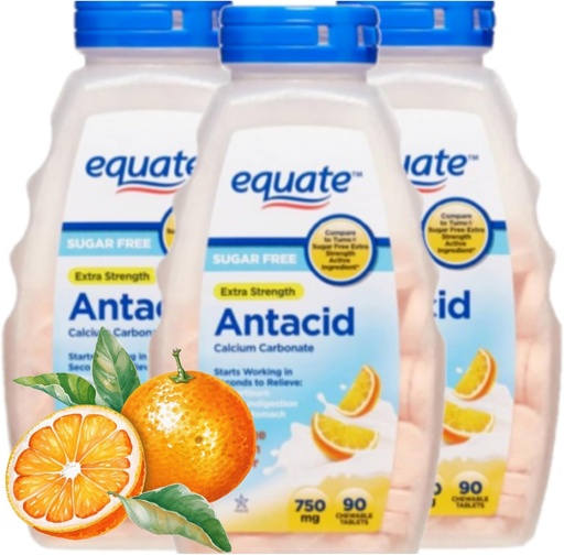 [BRSROZTRBYBA4AAY] Antacid Tabletten Zucker freie Extrastärke, Orange Creme, Kalziumcarbonat 750 mg, 90 Stück (Pack mit 3)