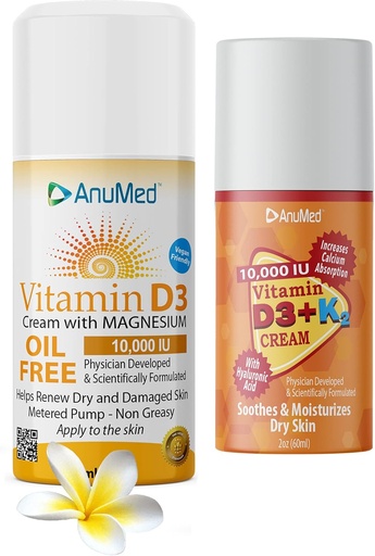 [BRSW2AIBAEJRSCYZ] ANUMED Bundle Natural Cream with Vitamin (D3 10,000 IU Oil-Free) + (D3 with K2 10,000 IU Travel Size 2oz) Powerful Ingredients with Hyaluronic Acid, Magnesium, Vitamin E, Zinc, Vitamin B3. Non-GMO