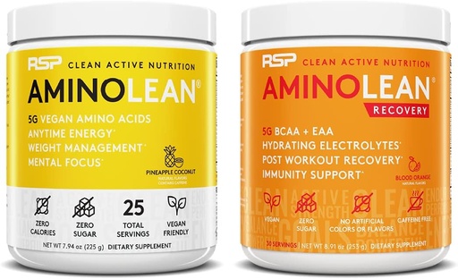 [BRSW2EAKOIJW2EQ6] RSP NUTRITION Vegan AminoLean Pre Workout Energy (Pineapple Coconut 25 Servings) with AminoLean Recovery Post Workout Boost (Blood Orange 30 Servings)