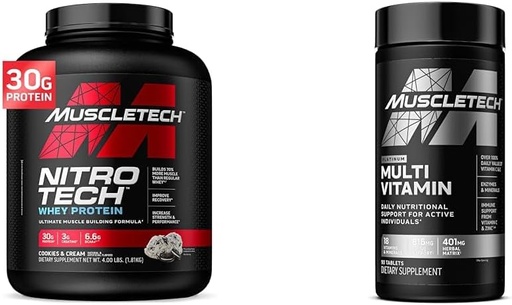[BRSRAZYRBYMQOCAZ] Muscletech Whey Protein Powder i Multivitamin per al suport Imune - Nitro-Tech Passcle Edifici de fórmules de Whey Protein & Peptides, 30g Protein, 3g Ceatine, 6. 8g BCAAs, i Platinum Multivitamin amb 18taminades i Mines