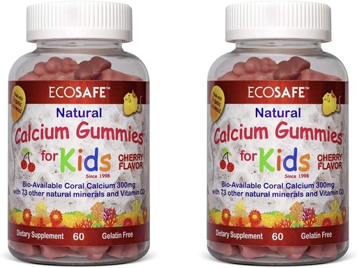 [BRSWGBQOA56B6GTL] Korálový vápník Vitamin D3 Děti Gummy, přírodní třešňové aroma, Non GMO, gluten- Free, Dairy- Free, Soy- Free a želatina zdarma - 300 mg vápníku a 800 IU vitaminu D3-60 Gummies (1 balení)