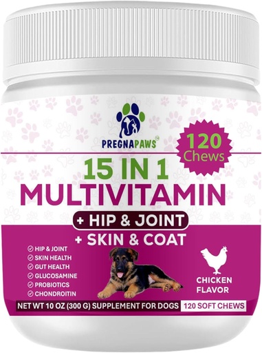 [BRSRAYI3BEPRSCD5] 15- in1 Postnatalis Vitaminok kutyáknak - Enhances Recovery, Supports Joint Health, Skin & Coat Care - Probiotics & Multivitamins for Nursing Dogs - 120 Rágóképes Csirke Flavor tabletta
