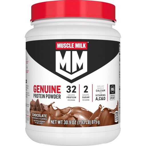 [BRSRMZYFPMBBQDTZ] Muscle Milk Genuine Protein Powder, Chocolate, 1.93 Pounds, 13 Servings, 32g Protein, 2g Sugar, Calcium, Vitamins A, C & D, NSF Certified for Sport, Energizing Snack, Packaging May Vary