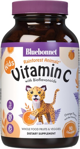 [BRSWIZQ6CN5RCDY7] Bluebonnet Nutrición Bosque lluvioso Animalz Vitamina C Forma de animales Tablas abatibles, 250 mg de vitamina C, libre de soja, libre de gluten, certificado de Kosher, libre de lácteos, vegano, 90 Tabletas, 45 Serviciones, sabor a naranja