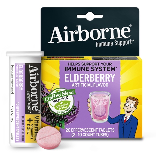 [BRSWYZAKAQJQKDIU] Airborne Elderberry + Zinc & Vitamin C Effervescent Tablets, Immune Support Supplement with Powerful Antioxidant Vitamins A C E, 20 Fizzy Drink Tablets, Elderberry Flavor
