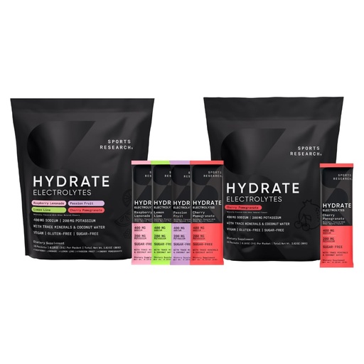[BRSRAYD6OAIWA2T3] Sports Research Hydrate Electrolytes Combo Pack - Sugar-Free & Naturally Flavored with Vitamins, Minerals, and Coconut Water - Supports Hydration - 32 Packets - Cherry Pomegranate Dominant Flavor