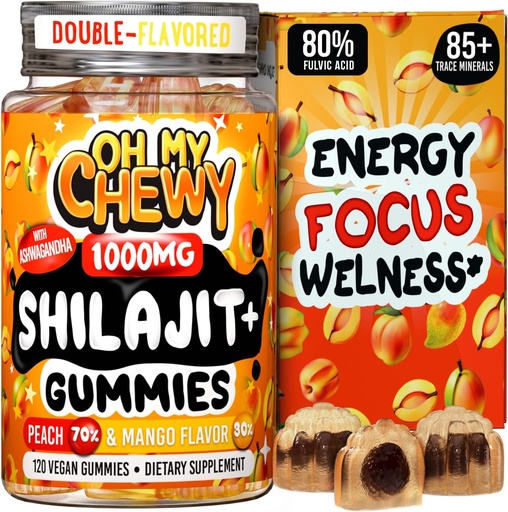 [BRSRAEATOYNGAG32] Pure Himalayan Shilajit Gummies - High Potency Gold Grade Resin - Energy Boost and Immune Support for Hombres and Women with Ashwagandha and Shatavari - 120 Gummy - Peach & Mango
