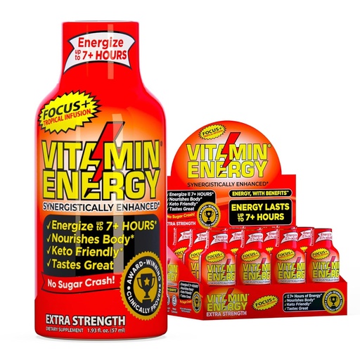 [BRSRAGL6C4DWGHLH] Vitamin Energy Focus+ Extra Strength Energy Shot Tropical Infusion 12 Pack, 260mg Natural Caffeine, B-Vitamins, CoQ10, Amino Acids, Focus, Productivity & Clarity, Zero Sugar, Gluten-Free, 1.93 fl oz