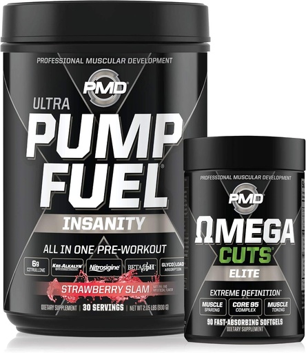 [BRSWYBDRCEMGYAY6] PMD Sports Ultra Pump Erregai Insanity - Pre Workout - Strawberry Slam (30 zerbitzatu) Kirol Omega Cuts Elite Thermogenic Fat Burner (90 Softgels)