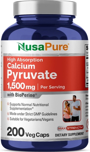 [BRSWGGQ2CUIBGGTJ] NusaPure Calcium Pyruvate 1500mg 200 Vegetarian Caps (Non-GMO, Vegan) - 750mg per caps