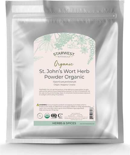 [BRSWICA7A55RMF3G] Starwest Botanicals Organic St. John's Wort Powder - Herbe séchée pour thé, Fabriqué à partir de St. John's Wort Flower, soutient la relaxation, certifié Kosher, non-OGM - Bulk 1 lb sac