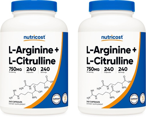 [BRSWY236DIFBG3D2] Nutricost L-Arginine L-Citrulline Complex 750mg, 240 Capsules (2 Bottles) - Non-GMO