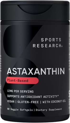 [BRSWIGD3AQFR2DAZ] Sports Research Triple Strength Vegan Astaxanthin Supplement from Algae - Plant Based Softgels for Antioxidant Activity, Skin & Eye Health - Non-GMO Verified, Made with Coconut Oil - 12mg, 60 Count