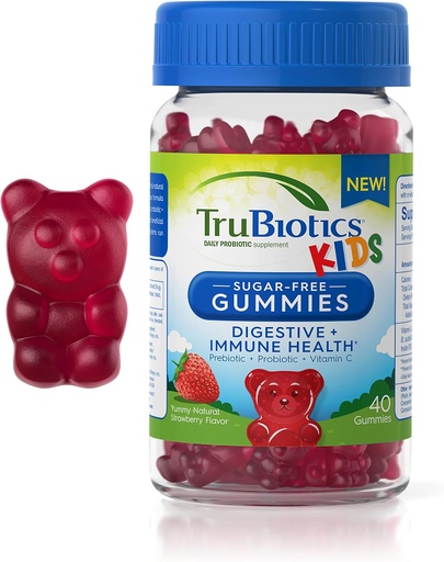 [BRSW2HAKOQPBA3DP] TruBiotics Probiotics for Kids with Prebiotics & Vitamin C, Sugar-Free Gummies for Digestive & Immune Health Support, Chewable Kids Probiotic Supplement, Natural Strawberry Flavor, 40 Gummies