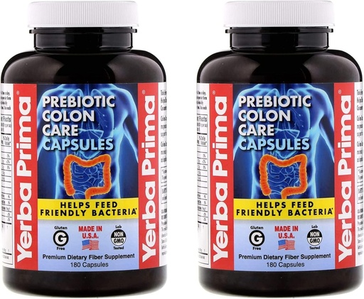 [BRSWGZAKC4PW2EQU] Yerba Prima Prebiotic Colon Care Capsules - 180 Count (Pack of 2), Gluten Free, Proudly Made in The USA, Non-GMO, Soluble & Insoluble Fiber, Supports A Healthy Functioning Colon