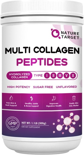 [BRSROEI3CMMBGGT4] NATURE TARGET Multi Collagen Peptides Powder - Type I, II, III, V, X - Hydrolyzed Collagen Peptides with Vitamin C Hyaluronic Acid, Supports Skin Hair Nail & Joint, Grass-Fed, Non-GMO, 50 Servings