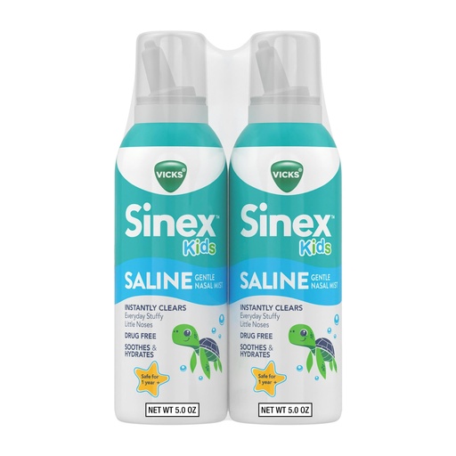 [BRSW2ZAECB5Q2ELF] Vicks Sinex, Children's Saline Nasal Spray, Drug Free Ultra Fine Mist with Hint of Aloe, Ages 1+, Fast Everyday Stuffy Nose Relief for Kids, Clear Mucus from a Cold or Allergy, 5 OZ x 2