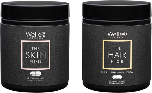 [BRSRMZI6OANRS2A6] WelleCo, The Skin Elixir + The Hair Elixir, Vegan Beauty Supplements Bundle, Promotes Hair Growth & Reduces Breakage, Supports Healthy Skin & Collagen Formation, 60 Capsules Each