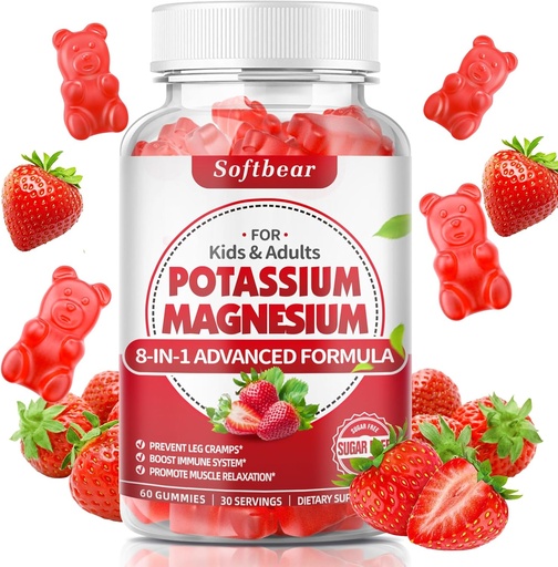 [BRSROY3RDN6RQ2DL] softbear Potassium Gummies for Adults, High Absorption Magnesium Potassium Supplement with Vitamin B6 for Leg Cramps & Muscle Health Sugar-Free Vegan Strawberry 60 Gummies