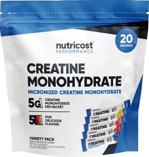 [BRSRAZIHOIPGAFIY] Nutricost Creatine Monohydrate Powder Variety Stickpacks (5 Flavors, 20 Servings) - Micronized, 5 Grams of Creatine Monohydrate Per Pack