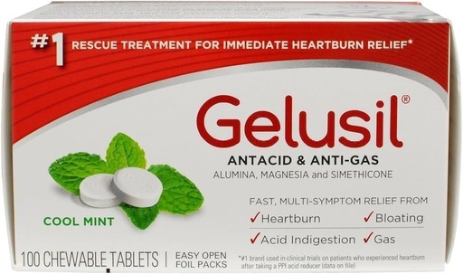 [BRSWIYQOAADW2HLA] Gelusil Antacid & Anti Gas Tablets for Heartburn Relief, Acid Reflux, Bloating and Gas, Cool Mint - 100ct Blister Pack