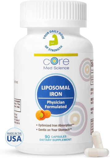 [BRSRMHD5C4HWYH3G] Core Med Science Liposomal Iron Supplement för kvinnor och män, 65mg (90 kapslar) - Järnabsorption Vitamin piller för brist under graviditeten - Lätt att svälja och svälja på mage - Dairy-Free