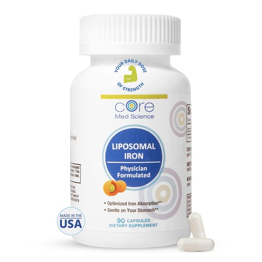 [BRSRMHD5C4HWYH3G] Core Med Science Liposomal Iron Supplement for Women & Men, 65mg (90 Capsules) - Iron Absorption Vitamin Pills for Deficiency During Pregnancy - Easy to Swallow & Gentle on Stomach - Dairy-Free