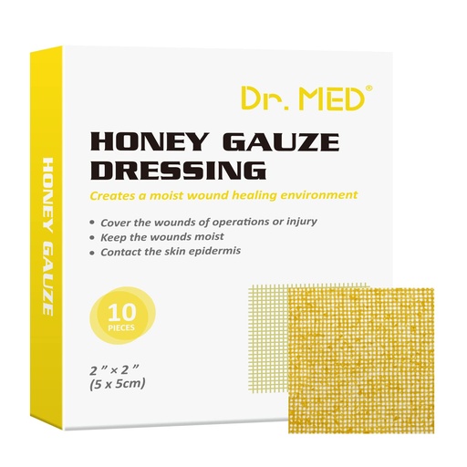 [BRSRMAY3OV6AAETU] Dr. Med Honey Gauze Dressing, 2" x 2" (10 PCS/Box) Honey Medical Bandage Wound Care Patch for Minor Abrasions, Cuts, Lacerations, Scald and Burns for Wound Healing, Chemical and Drug Free