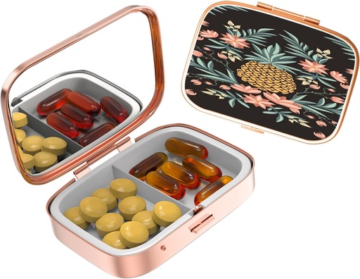 [BRSRMFABCANRQEQZ] Cute Small Pill case for Pockets ' Purses, Elegant Pill Box Makes a Great Gift,2 Compartment Travel Medicine Organizer Stores Progesterone, Capsule Pills, Ibuprofen, Vitamins-Rose Gold2