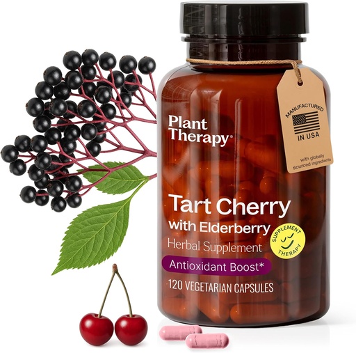 [BRSRAZY2BMPBYYLU] Plant Therapy Tart Cherry Capsules with Elderberry Manufactured in USA 4 Month Supply Supports The Body, Immune System & Sleep Cycle Supplements for Women & Men 120 Vegetarian Capsule
