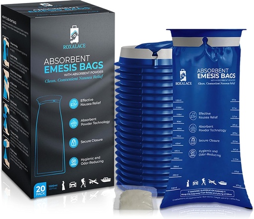 [BRSROGA7CMHBU2TV] ROXALACE® Emesis Bags with Absorbent Powder for Nausea and Vomiting Relief - 20 Pack 1200ml, Travel-Friendly, Hygienic Solution for Motion Sickness, Morning Sickness, Caregiving, and Emergencies