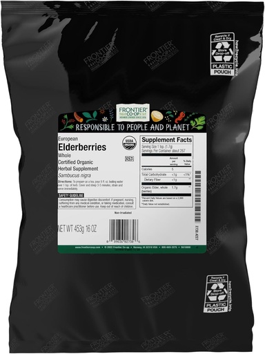 [BRSWIAA3OF7AIELY] Frontier Co-op Organic Dried Elderberries, 1lb Bulk Bag, European Whole | Kosher ja Non-GMO Organic Elderberry Berries Kuivatatud, tee, immuuntoetus