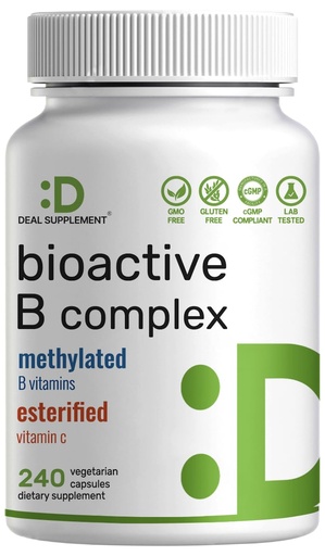 [BRSRMBIOBAHQECQU] Bioactive Vitamin B Complex for Men & Women, 240 Veggie Capsules - Methylated B Complex & Esterified Vitamin C – High Potency & Easy Absorption – Immune, Energy & Metabolism Supplement – Non-GMO