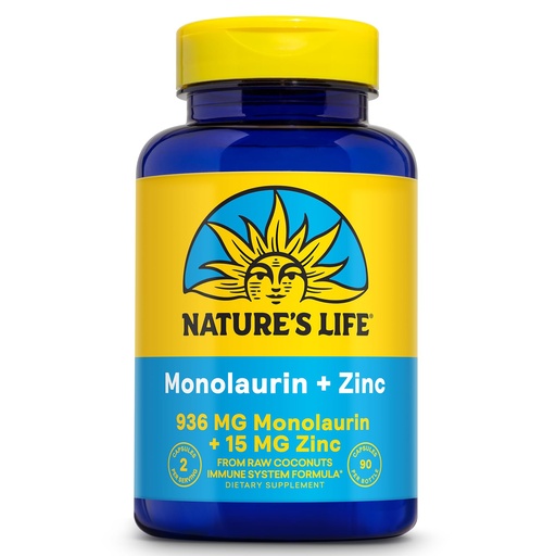 [BRSWIHAAONYQ4H34] Nature's Life Monolaurin Plus Zinc Immune Support Supplement - 936mg Monolaurin from Raw Coconuts, Zinc 15mg, Supports Gut Health, Balanced Gut Flora, 60-Day Guarantee, 45 Serv, 90 Vegetarian Capsules