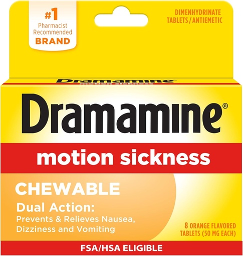 [BRSWIZIRC4CRW2LK] Dramamine Chewable, Motion Sickness Relief, Orange Flavor, 8 Count