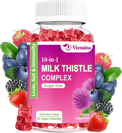 [BRSROEINAEDRMF3U] Milk Thistle Gummies, 10-in-1 Herbal Formula for Liver Cleanse Detox & Repair with Dandelion Root, Turmeric, Artichoke - Optimal Liver Function and Digestive Health - Mixed Berry Flavor