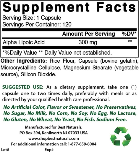 [BRSRMAI7BV5BG3LA] Best Naturals Alpha Lipoic Acid 300 mg & COQ10 100 mg