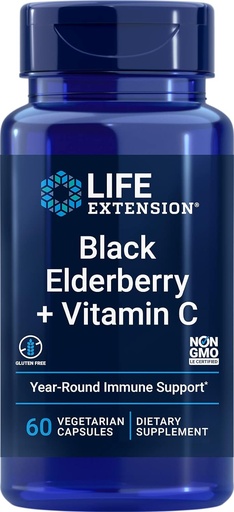 [BRSWYFD6CQNGCYD6] Life Extension Black Elderberry + Vitamin C, Everyday Immune Support from Elderberry & Vitamin C, Gluten Free, Non-GMO, Vegetarian, 60 Capsules