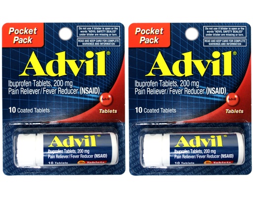 [BRSWIFA3BBYAAEIV] 2 Pack of Pocket Pack Advil Pain Reliever / Fever Reducer Ibuprofen 200mg - 10 Coated Tablets PER Pack (20 Tablets Total)
