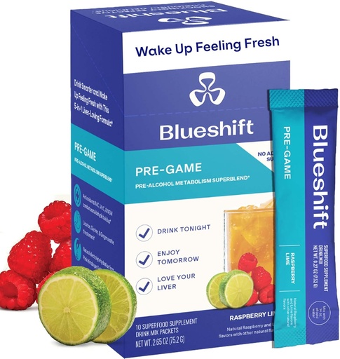 [BRSRAFQHOBYBOELF] Blueshift Pre-Game - Pre Drinking NAC Supplement, Electrolytes Powder Packets, Hydration Packets, Liver Support with Ginger, Cysteine, Milk Thistle, No Sugar Powder Sticks (10 Pack)