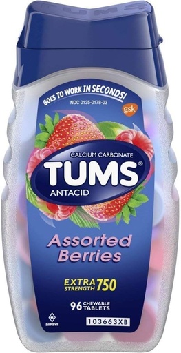 [BRSWKEY7BAFGED3I] Tums Antacid/Calcium Supplement, Extra Strength 750, Chewable Tablets, Assorted Berries 96 tablets by TUMS (Original Version)