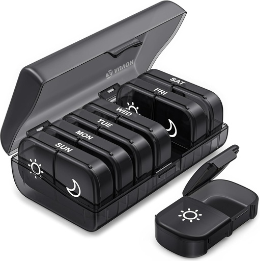 [BRSRMAYDOEIQ4DTL] AUVON XL Wöchentliche Pille Organizer 2 Mal pro Tag, Pille Box 7 Tag mit Ein-Side große Öffnungen für leicht zu bedienen, Schwarzer Datenschutz AM PM Pille Fall für Medikamente, Vitamine, Fischöle, Ergänzungen