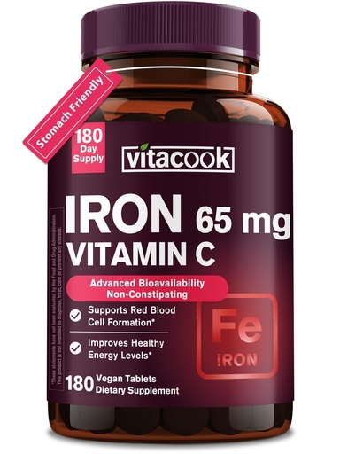 [BRSRAHT5CJ6RGHQ7] Iron Supplement for Women Men, High Potency Iron 65mg with Vitamin C 250mg, Stomach Friendly Iron Pills for Red Blood Cell & Immune Support, Vegan, Non-GMO & Gluten Free, 180 Tablets