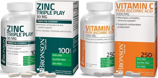 [BRSWYGL3CUCWYD35] Bronson Vitamin C 1000 mg Premium Non-GMO Ascorbic Acid + Bronson Zinc Triple Play 30 mg Triple Coverage Immune Support Zinc Supplement