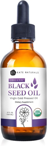 [BRSRAAT2AUORAA3U] Kate Naturals Organic Black Seed Oil (4oz, Virgin, Cold Pressed, Non-GMO) Liquid Nigella Sativa for Immune Support & Digestion. Pure Blackseed Cumin Oil for Hair and Skin