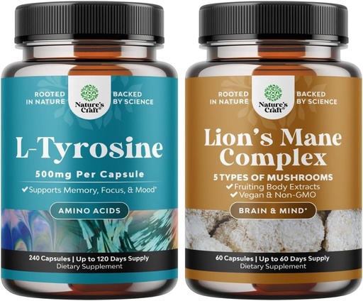 [BRSROCD5BF5BGGY4] Bundle of Free Form L Tyrosine 1000mg Por Serving - High Strength L-Tyrosine Supplement for Energy and Focus Support and Advanced Lion's Mane Mushroom