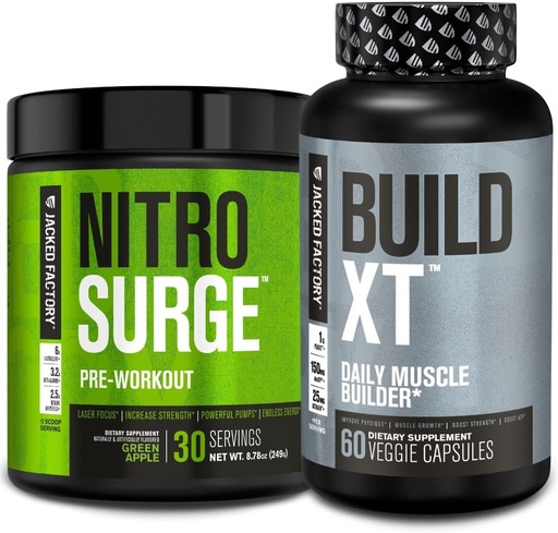 [BRSRMAQNAB5BUEQ4] Jacked Factory Nitrosurge Pre-Workout in Green Apple & Build XT Muscle Building Bundle for Men & Women