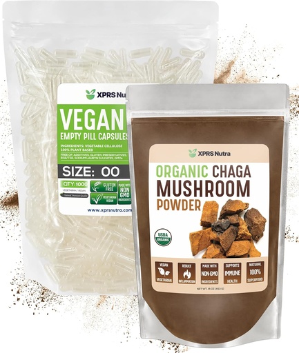 [BRSRMYIBCN6REFI2] XPRS Nutra Organic Chaga Powder 16 Ounce with Size 00 Pre-Separated Empty Capsules (1000 Count) Bundle