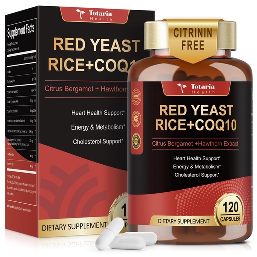 [BRSRAAYFPIHWOA3O] Totaria Red Yeast Rice 2,000mg with CoQ10 Supplement - Advanced Healthy Heart & Healthy Cholesterol Levels - Citrinin Free Extract Red Yeast Rice Capsules Plus Citrus Bergamot - Vegan, Non-GMO